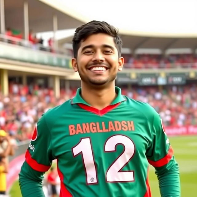 A male cricket fan proudly wearing a vibrant Bangladesh cricket jersey with the number 12 prominently displayed on the back