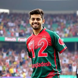 A male cricket fan proudly wearing a vibrant Bangladesh cricket jersey with the number 12 prominently displayed on the back