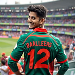 A male cricket fan proudly wearing a vibrant Bangladesh cricket jersey with the number 12 prominently displayed on the back