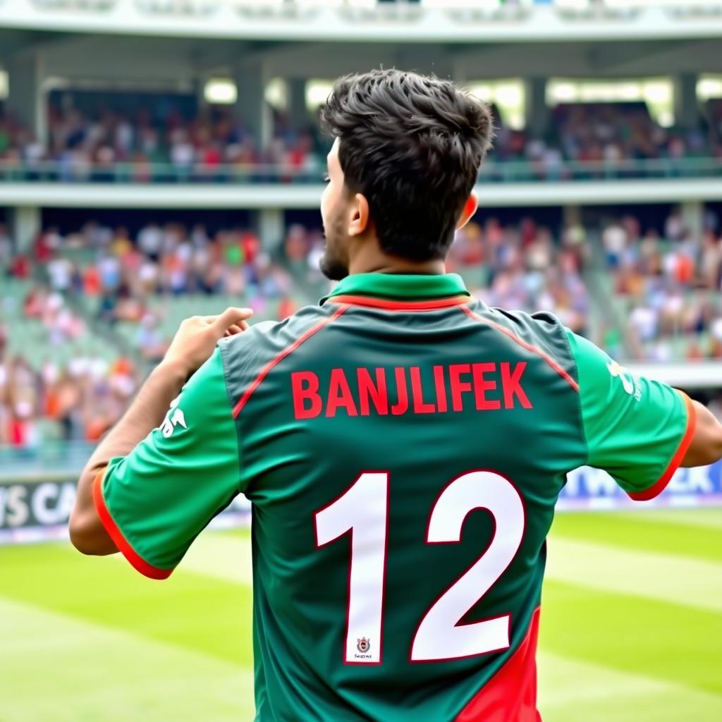 A male cricket fan proudly wearing a vibrant Bangladesh cricket jersey with the number 12 prominently displayed on the back