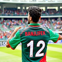 A male cricket fan proudly wearing a vibrant Bangladesh cricket jersey with the number 12 prominently displayed on the back