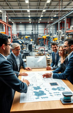 A dynamic and inspiring scene of a manufacturing leadership team discussing strategy in a modern factory setting
