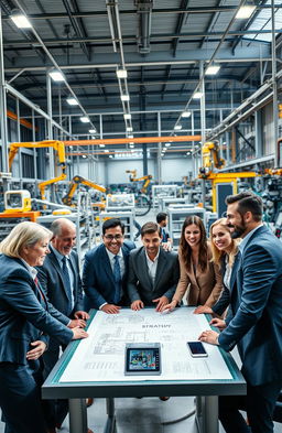 A dynamic and inspiring scene of a manufacturing leadership team discussing strategy in a modern factory setting