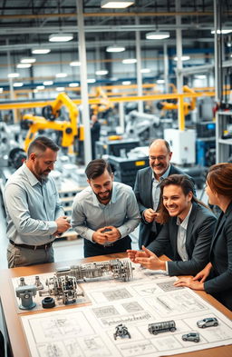 A dynamic and inspiring scene of a manufacturing leadership team discussing strategy in a modern factory setting