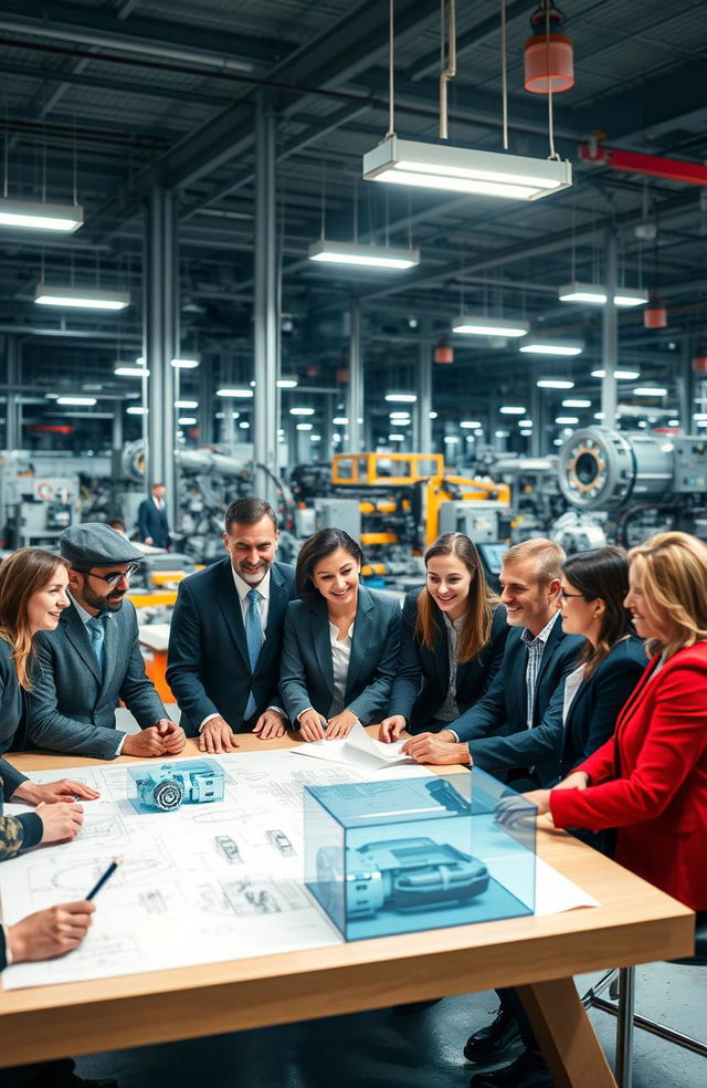 A dynamic and inspiring scene of a manufacturing leadership team discussing strategy in a modern factory setting