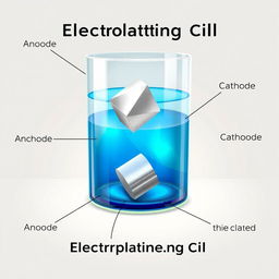 An informative illustration of an electroplating cell, showcasing various components such as the anode, cathode, and electrolyte solution