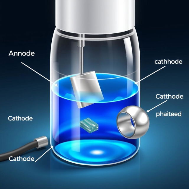 An informative illustration of an electroplating cell, showcasing various components such as the anode, cathode, and electrolyte solution