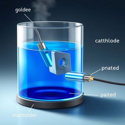 An informative illustration of an electroplating cell, showcasing various components such as the anode, cathode, and electrolyte solution