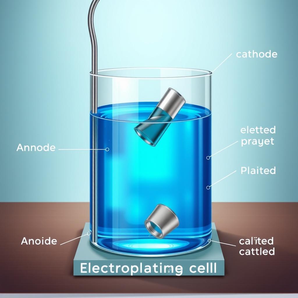 An informative illustration of an electroplating cell, showcasing various components such as the anode, cathode, and electrolyte solution