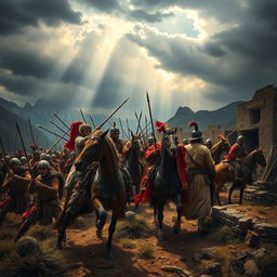 An evocative representation of the Battle of Cajamarca, highlighting the stark contrast between the advanced weaponry and tactics of Spanish conquistadors and the formidable Incan forces