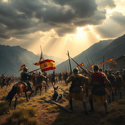 An evocative representation of the Battle of Cajamarca, highlighting the stark contrast between the advanced weaponry and tactics of Spanish conquistadors and the formidable Incan forces