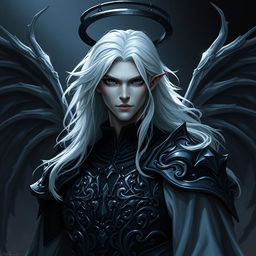 A male Drow paladin character featuring striking black eyes and flowing white hair