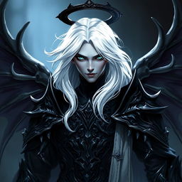 A male Drow paladin character featuring striking black eyes and flowing white hair