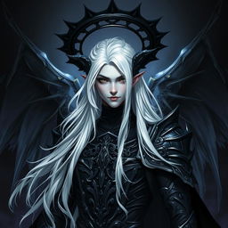 A male Drow paladin character featuring striking black eyes and flowing white hair