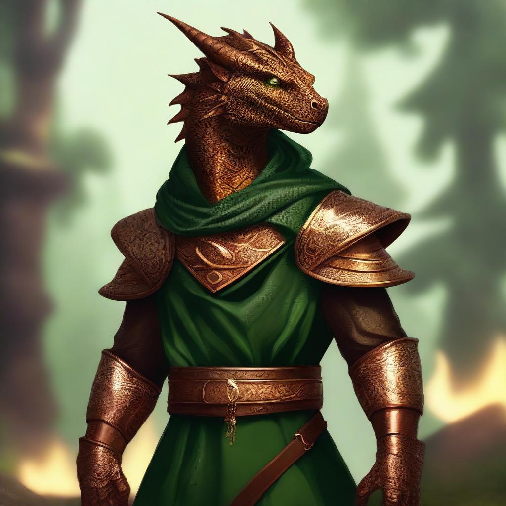 A captivating digital art piece in a realistic style, illustrating a young copper dragonborn