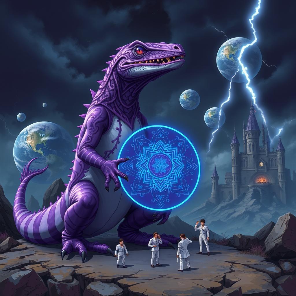 A captivating digital illustration featuring a large, imposing lizard standing upright on its hind legs, showcasing a striking purple and white color scheme