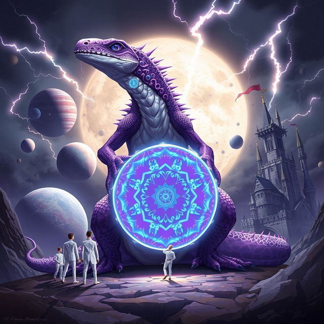 A captivating digital illustration featuring a large, imposing lizard standing upright on its hind legs, showcasing a striking purple and white color scheme