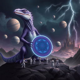 A captivating digital illustration featuring a large, imposing lizard standing upright on its hind legs, showcasing a striking purple and white color scheme