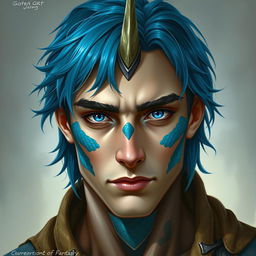 A male human with Caucasian skin, distinguished by medium length blue hair that frames his face stylishly