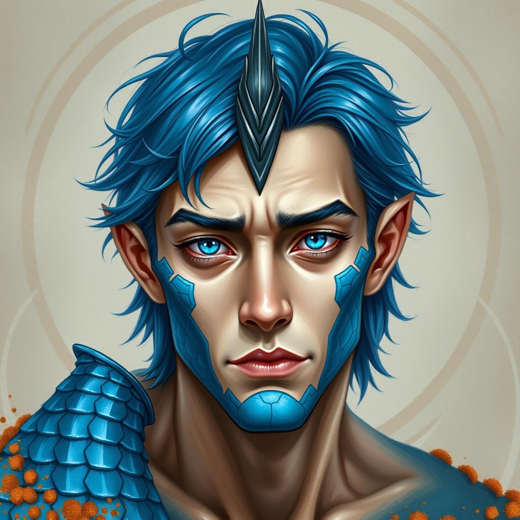 A male human with Caucasian skin, distinguished by medium length blue hair that frames his face stylishly