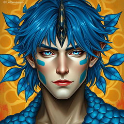 A male human with Caucasian skin, distinguished by medium length blue hair that frames his face stylishly