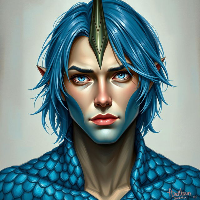 A male human with Caucasian skin, distinguished by medium length blue hair that frames his face stylishly