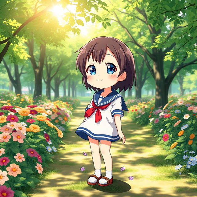 A cute anime girl character around the age of 8, with short dark brown hair and bright blue eyes, dressed in a traditional sailor suit