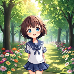A cute anime girl character around the age of 8, with short dark brown hair and bright blue eyes, dressed in a traditional sailor suit