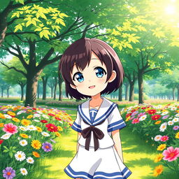 A cute anime girl character around the age of 8, with short dark brown hair and bright blue eyes, dressed in a traditional sailor suit