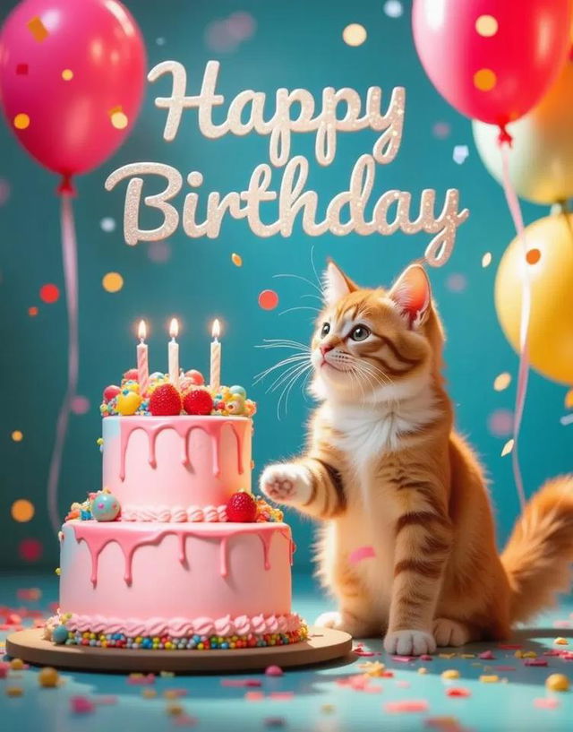 A cute orange tabby cat reaching out towards a birthday cake with pink frosting dripping down the sides