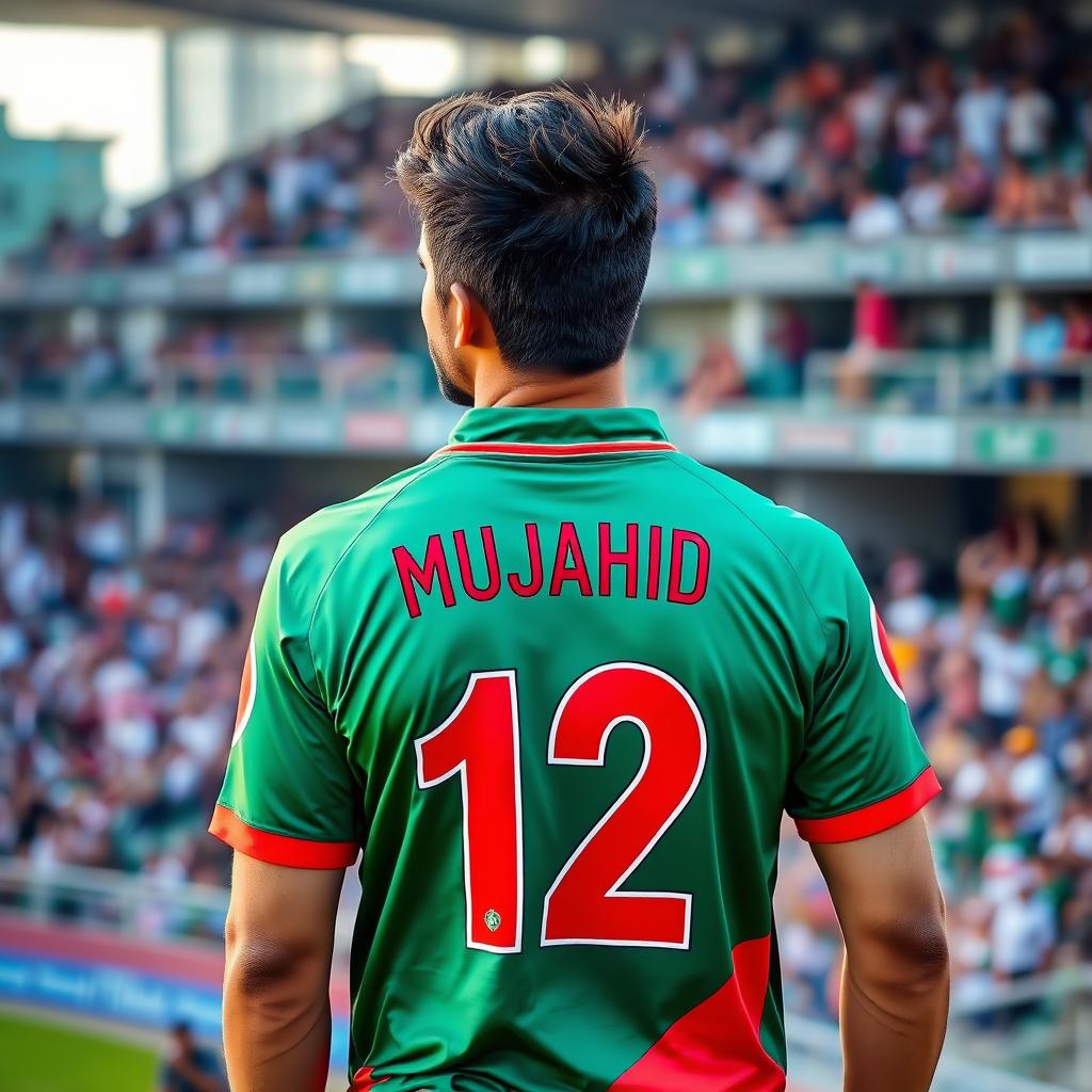 A male cricket fan proudly wearing a vibrant Bangladesh cricket jersey with the number 12 and the name MUJAHID displayed on the back
