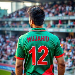 A male cricket fan proudly wearing a vibrant Bangladesh cricket jersey with the number 12 and the name MUJAHID displayed on the back