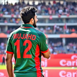 A male cricket fan proudly wearing a vibrant Bangladesh cricket jersey with the number 12 and the name MUJAHID displayed on the back
