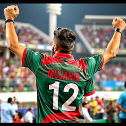 A male cricket fan proudly wearing a vibrant Bangladesh cricket jersey with the number 12 and the name MUJAHID displayed on the back