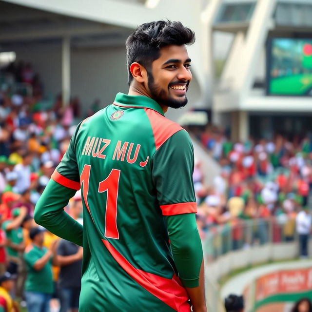 A male cricket fan proudly wearing a vibrant Bangladesh cricket jersey with the number 12 and the name MUJAHID displayed on the back