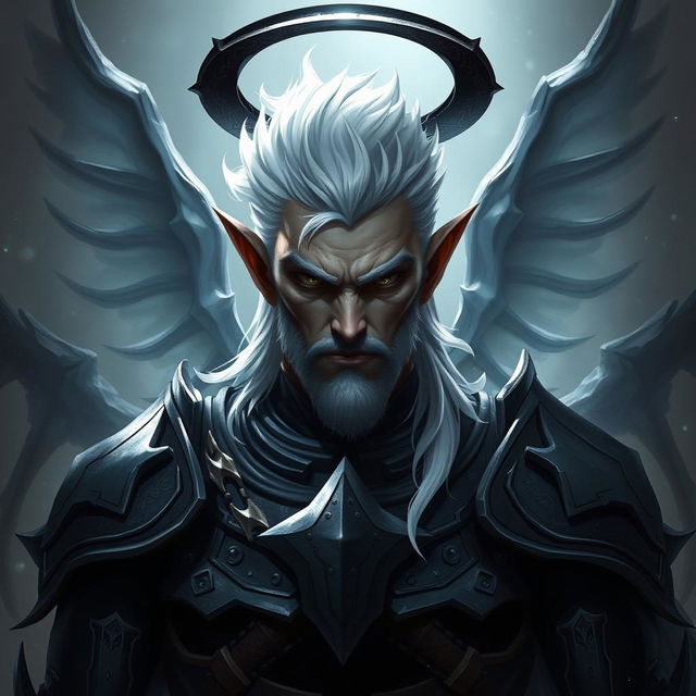 A manly male Drow paladin character with a rugged appearance, featuring piercing black eyes and striking white hair