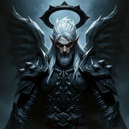 A manly male Drow paladin character with a rugged appearance, featuring piercing black eyes and striking white hair
