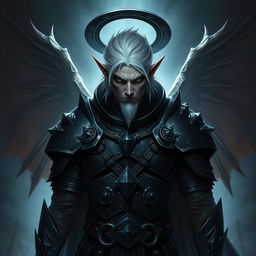 A manly male Drow paladin character with a rugged appearance, featuring piercing black eyes and striking white hair