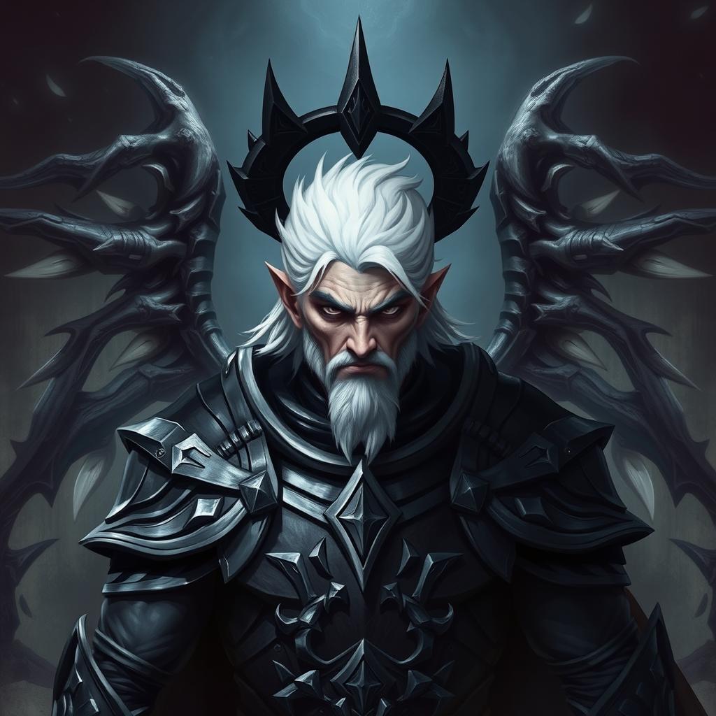 A manly male Drow paladin character with a rugged appearance, featuring piercing black eyes and striking white hair