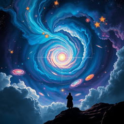 A breathtaking cosmic scene depicting the secrets of the universe, featuring a swirling galaxy filled with vibrant colors like deep blues, purples, and sparkling whites