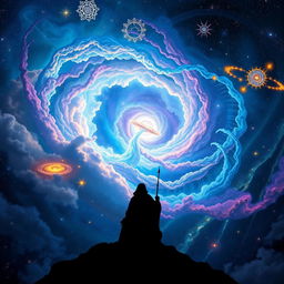 A breathtaking cosmic scene depicting the secrets of the universe, featuring a swirling galaxy filled with vibrant colors like deep blues, purples, and sparkling whites