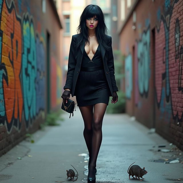 A stunning full-length photographic image of a beautiful girl with striking black hair and sparkling blue eyes