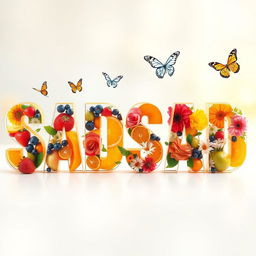 The word 'SADSAD' spelled out in large, transparent letters filled with an artistic arrangement of bright and colorful fruits such as strawberries, blueberries, oranges, and apples, intertwined with a variety of vibrant flowers like roses, daisies, and lilies