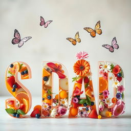 The word 'SADSAD' spelled out in large, transparent letters filled with an artistic arrangement of bright and colorful fruits such as strawberries, blueberries, oranges, and apples, intertwined with a variety of vibrant flowers like roses, daisies, and lilies