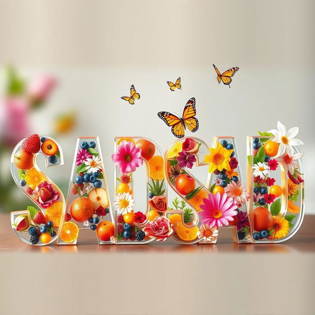 The word 'SADSAD' spelled out in large, transparent letters filled with an artistic arrangement of bright and colorful fruits such as strawberries, blueberries, oranges, and apples, intertwined with a variety of vibrant flowers like roses, daisies, and lilies