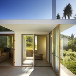 A luminous and airy house bathed in sunlight, with windows open for a refreshing breeze.