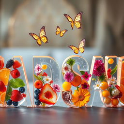 The word 'SADSAD' spelled out in large, transparent letters filled with an artistic arrangement of bright and colorful fruits such as strawberries, blueberries, oranges, and apples, intertwined with a variety of vibrant flowers like roses, daisies, and lilies