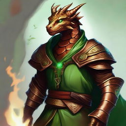 A striking digital art piece in a realistic style, featuring a young copper dragonborn