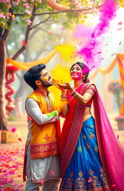 A vibrant digital painting of a romantic couple celebrating Holi, the Indian festival of colors