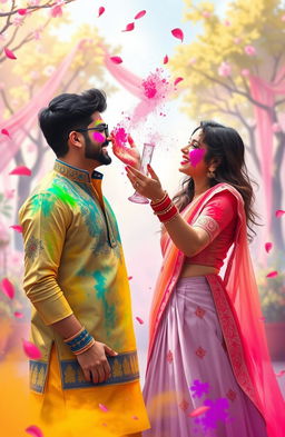 A vibrant digital painting of a romantic couple celebrating Holi, the Indian festival of colors